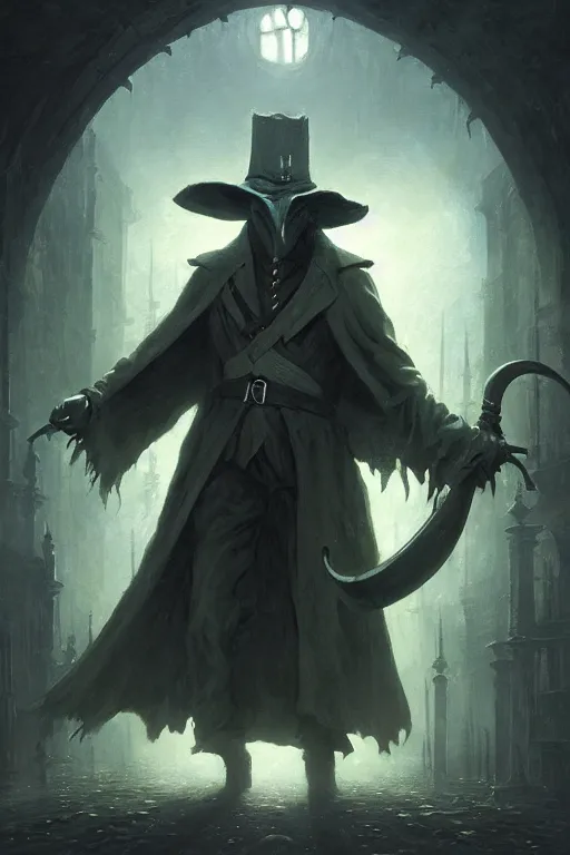 Image similar to An elegant portrait of a green plague doctor by Greg Rutkowski, Dan Mumford, Christophe Vacher, Bloodborne, 4k photorealistic, volumetric lighting, HD, high details, dramatic, dark atmosphere, trending on artstation