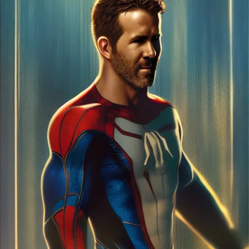 Image similar to ryan reynolds as a black and blue suit spider - man, cinematic, volumetric lighting, f 8 aperture, cinematic eastman 5 3 8 4 film, photorealistic by greg rutkowski, by stanley artgerm, by alphonse mucha