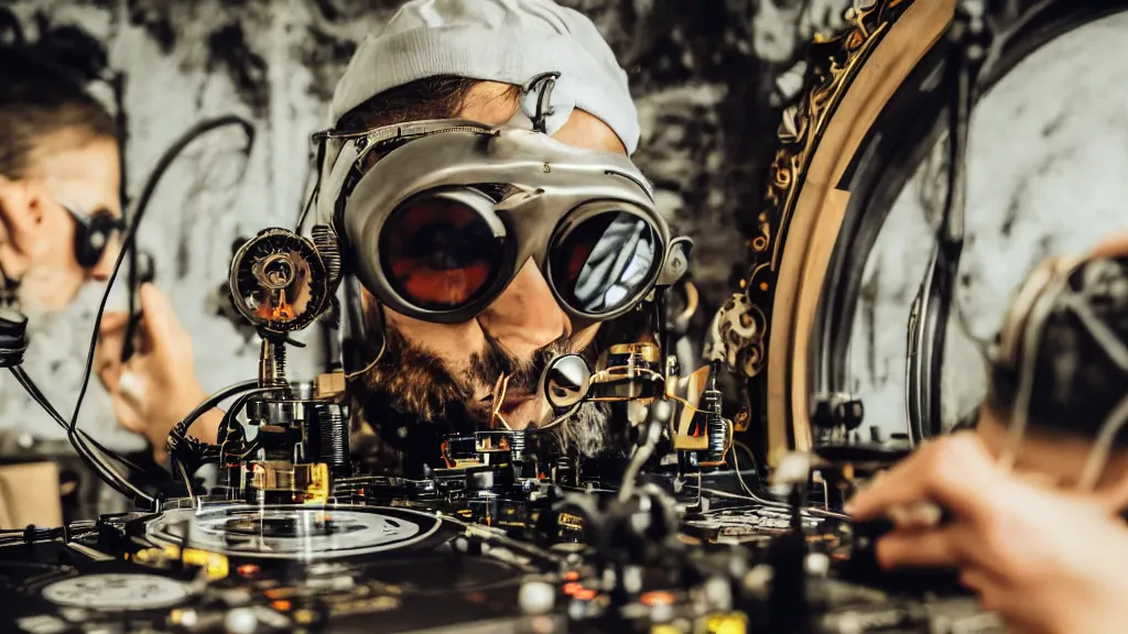 Image similar to a person wearing goggles and visor and headphones using a steampunk record player contraption, wires and tubes, turntablism dj scratching, intricate planetary gears, complex, cinematic, imax, sharp focus, iridescent