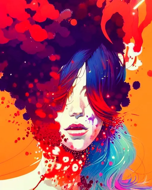 Image similar to a ultradetailed beautiful panting of a woman with a colorful explosion coming out of her hands, by conrad roset, greg rutkowski and makoto shinkai, trending on artstation