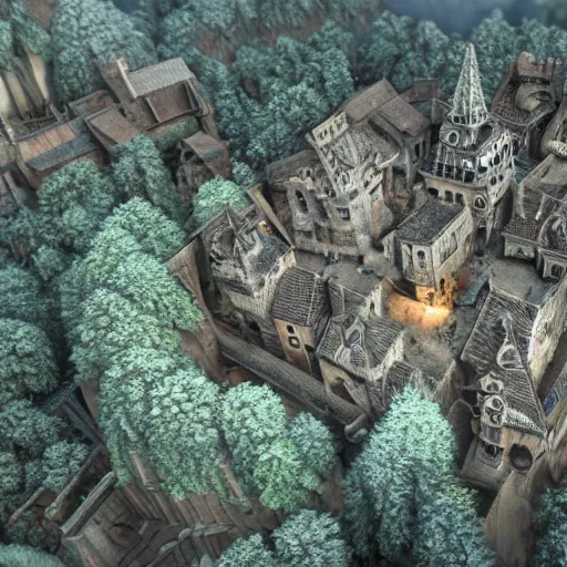 Image similar to A medieval village built on the head of chuthulu Highly detailed 3d fractal, volumetric lighting, sharp focus, ultra-detailed, hyperrealistic, complex, intricate, 3-point perspective, hyper detailed, unreal engine 5, IMAX quality, cinematic, finely detailed, small details, extra detail, symmetrical, high resolution, rendered 3D model, octane render, arnold render, PBR, path tracing, 8k, 4k, HD, hi-res, award-winning, awe-inspiring, ground-breaking, masterpiece , artgem, Dark Fantasy mixed with Socialist Realism, saturated colours