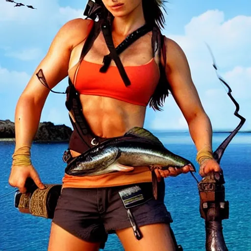 Prompt: lara croft poses with her big fish catch