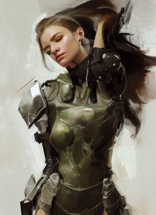 Image similar to a professional painting of a beautiful young female, clothed in military armor, olive skin, long dark hair, beautiful bone structure, symmetrical facial features, intricate, elegant, digital painting, concept art, smooth, sharp focus, illustration, from Metal Gear, by Ruan Jia and Mandy Jurgens and Artgerm and William-Adolphe Bouguerea