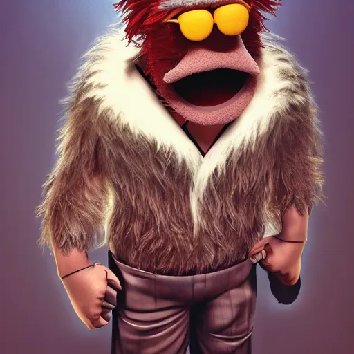 Image similar to a still of a forgotten muppet character looking very manly and modern, hilarious, laughing, hairy chest, huge chin, manly monster tough guy, roughled fur, photo real, photographic, photograph, artstation, trending, featured