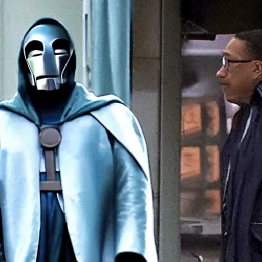 Image similar to giancarlo esposito as doctor doom, marvel movie set photo