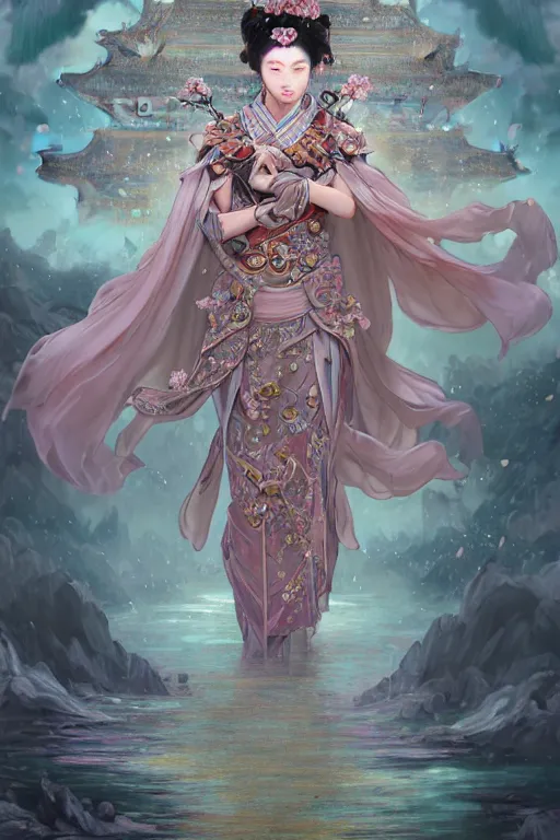 Image similar to beautiful ancient fantasy portrait of wuxia armored heroine wearing like Xian Xia wardrobe, in forbidden City, hybrid from Dynasty Warriror, flowers sea rainning everywhere, intricate, very very beautiful, elegant, highly detailed, digital painting, beautiful glowing galaxy eyes, artstation, fantasy concept art, smooth, sharp focus, illustration, art by WLOP and alphonse mucha and tian zi