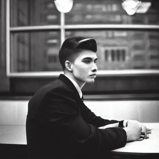 Image similar to A young man in a suit sits at a table , USSR logo in background, bokeh, cinestill, fine details