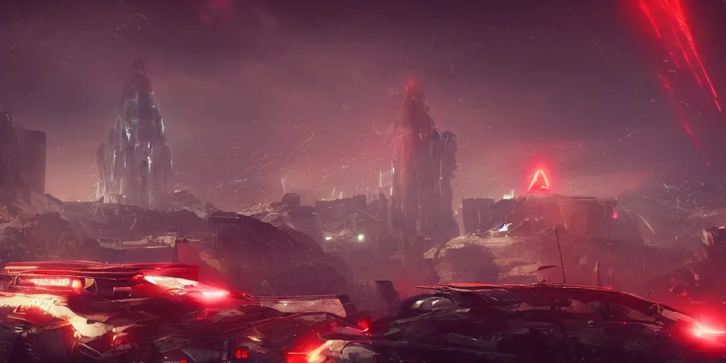 Prompt: a huge towering and broken stone tablet with red light + alien pattern + an abandoned spaceship, stands in the center of a prosperous city at the end of the world, and the power and energy is explode, secret, mysterious, doomsday, landscape, video game control, quantum break, arknights,