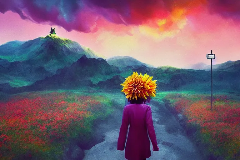 Image similar to giant dahlia flower crown under head, girl walking on mountain, surreal photography, colorful storm clouds, dramatic sunset, impressionist painting, digital painting, artstation, simon stalenhag