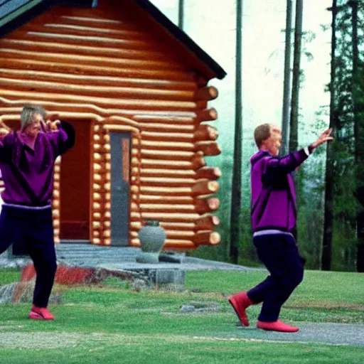 Prompt: two Finnish men dancing awkwardly wearing ugly 1990s tracksuits in front of Finnish log cabin, late 1990s VHS music video