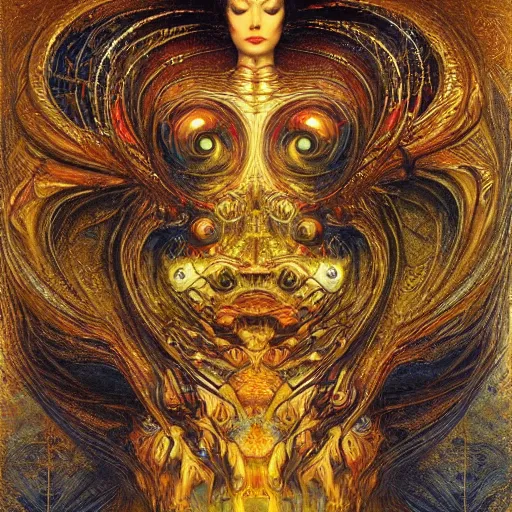 Image similar to Divine Chaos Engine by Karol Bak, Jean Deville, Gustav Klimt, and Vincent Van Gogh, celestial, visionary, sacred, fractal structures, ornate realistic gilded medieval icon, spirals, atmospheric
