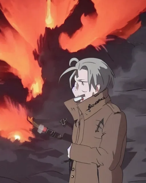 Image similar to a fox in a black trench - coat, smoking a cigarette in front of a huge explosion in the middle of a war, style of anime