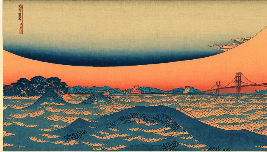 Prompt: sunset over the san francisco bay area by katsushika hokusai