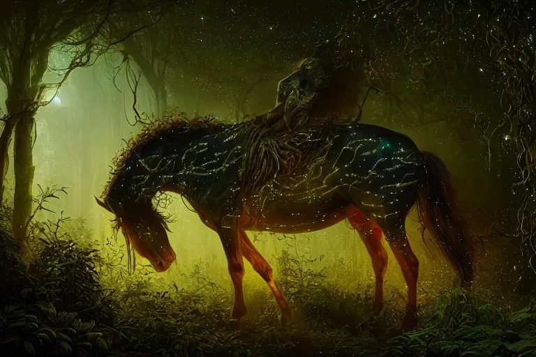 Prompt: a stunning swarm of fireflies forming a horse with a thick mane of bioluminescent vines and flowers running through the woods by greg rutkowski, high key lighting, volumetric light, digital art, highly detailed, fine detail, intricate, ornate, complex, octane render, unreal engine, photorealistic