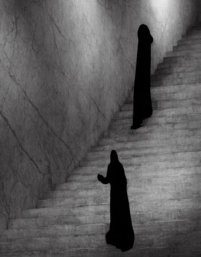 Image similar to a figure shrouded in a long trailing pitch black gown, descending a giant marble staircase in a dark room, photorealism, hyperrealism, harsh lighting, dramatic lighting, medium shot, serious, gloomy, foreboding, cinematic