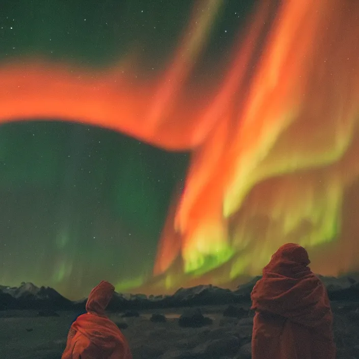 Prompt: closeup portrait of a woman wrapped in orange fiber, standing in alaska, aurora borealis in background, color photograph, by vincent desiderio, canon eos c 3 0 0, ƒ 1. 8, 3 5 mm, 8 k, medium - format print