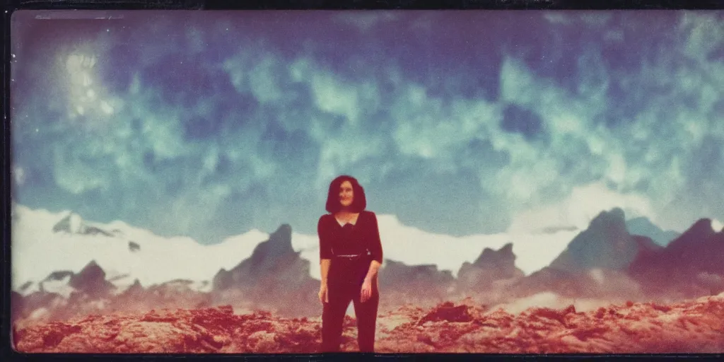 Prompt: vintage polaroid analog photo of a woman on an alien planet, scifi, gigantic mountains, big clouds, lit from behind, 8k, unreal engine, warm azure tones, color bleed, film grain