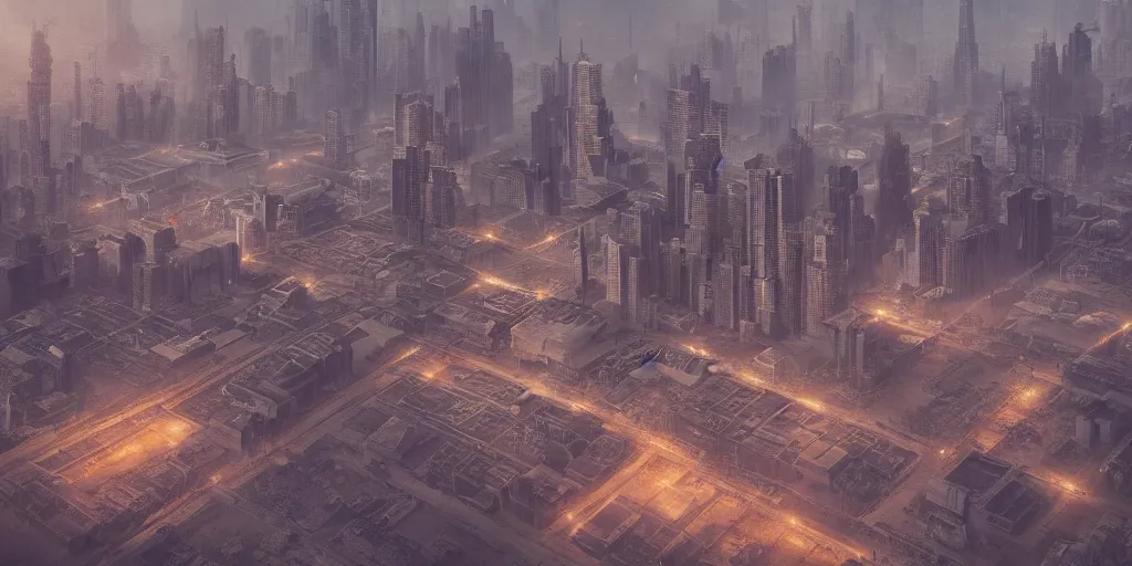 Image similar to ancient urban city super wide aerial view, building, desert, temple, cinematic composition, mist, obscure render light dark, blade runner 2 0 4 9