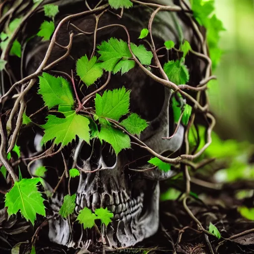 Prompt: dark vines growing through a human skull in the woods, dark gray leaves