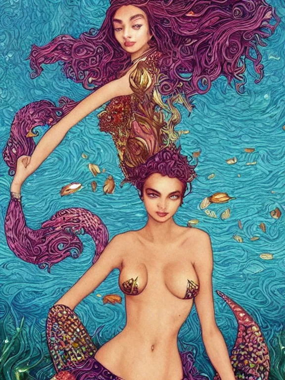 Image similar to a Mermaid Illustration of Irina Shayk,embellished sequined,crystal beaded,by Peter Mohrbacher,Chie Yoshii,Cedric Peyravernay,Phoebe Anna Traquair,William Morris,Catherine Nolin,metropolis,Gucci,Dior,trending on pinterest,maximalist,glittering