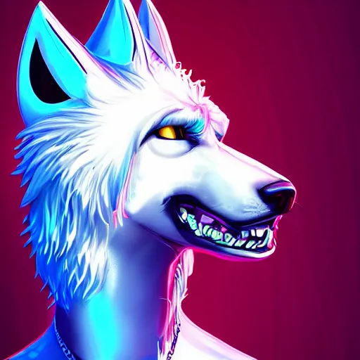 Prompt: A White Wolf, blue mohawk hairstyle, aviator sunglasses, synthwave style, artstation, digital art, very detailed