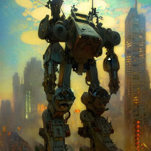 Image similar to six meters tall mech fighting in an urban environment, highly detailed painting by gaston bussiere craig mullins jc leyendecker gustav klimt artgerm greg rutkowski john berkey, bergey, craig mullins, ruan jia, raymond swanland, jeremy mann, tom lovell, alex malveda