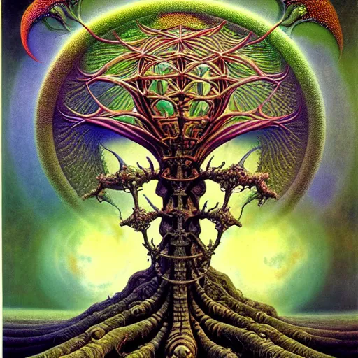 Image similar to divine chaos engine by roger dean and andrew ferez, tree of life, symbolist, visionary, detailed, realistic, surreality, art forms of nature by ernst haeckel, deep rich moody colors, botanical fractal structures