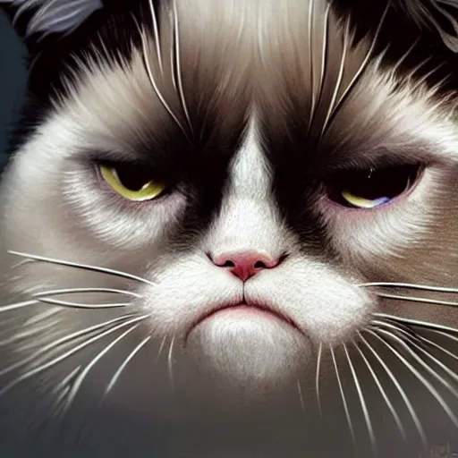 Image similar to full view of a grumpy cat, intricate, elegant, highly detailed, digital painting, concept art, smooth, sharp focus, art style from Wang Ke and Greg Rutkowski and Bruce Kaiser and Scott Robertson and Dmitry Mazurkevich and Doruk Erdem and Jon Sibal, small style cue from Blade Runner and Total Recall and Cyberpunk 2077