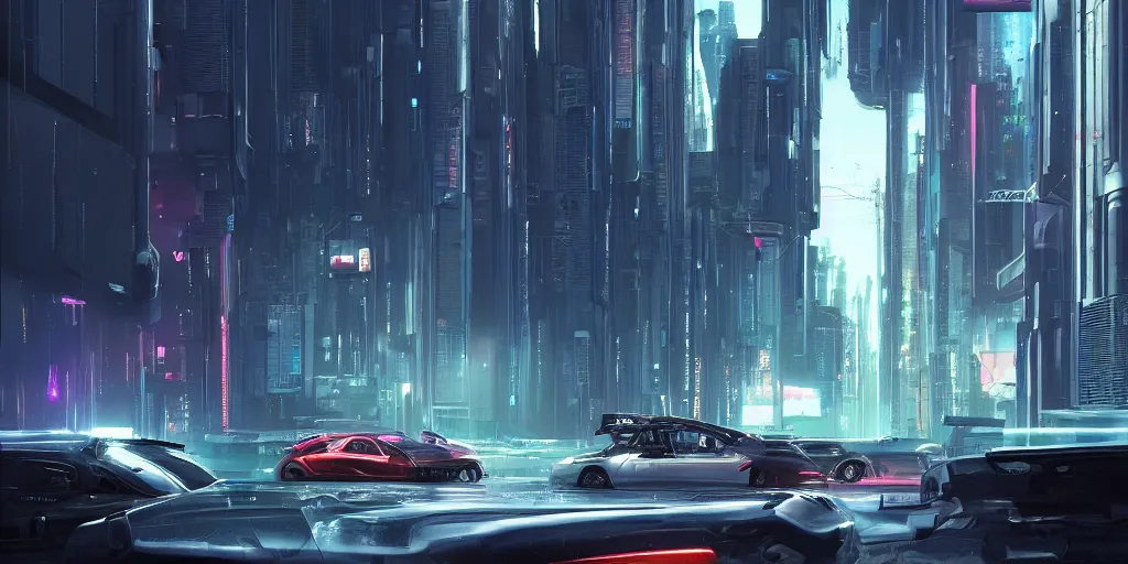 Image similar to a car driving down a street next to tall buildings, cyberpunk art by Vincent Lefevre, cgsociety, retrofuturism, matte painting, reimagined by industrial light and magic