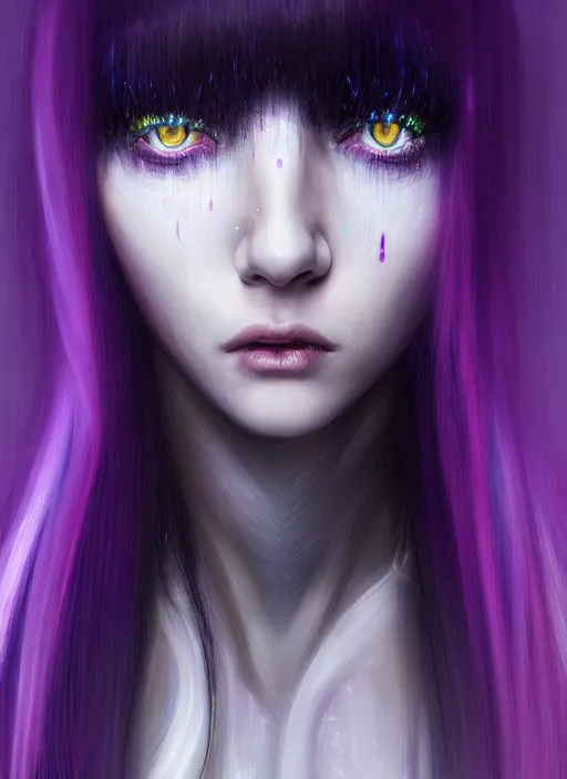 Image similar to hair whitebangs hair, black cyberlox, portrait of teenage girl with white bangs, whitebangsblackhair, messy bangs, cyberlox, whitebangs, red irises, purple clothes, intricate, elegant, glowing lights, highly detailed, digital painting, artstation, concept art, sharp focus, illustration, art by wlop, mars ravelo and greg rutkowski