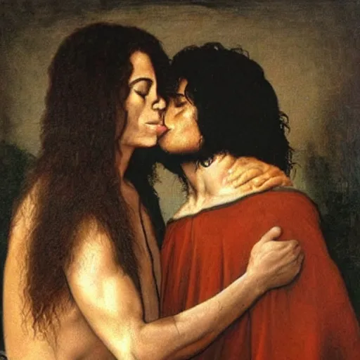 Image similar to alex jones and michael jackson kissing, da vinci painting,