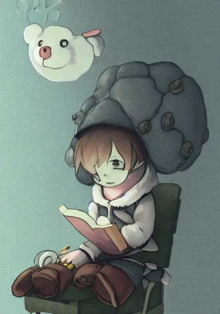 Image similar to beautiful little boy wearing sheep suit reading a book while sitting on chair, gray, blue, green and brown pallet color. made in abyss art style, inspired in kris from deltarrune, cute detailed artwork, anatomically correct, soft details, ilya kuvshinov, reflection, perfect composition, mobile wallpaper