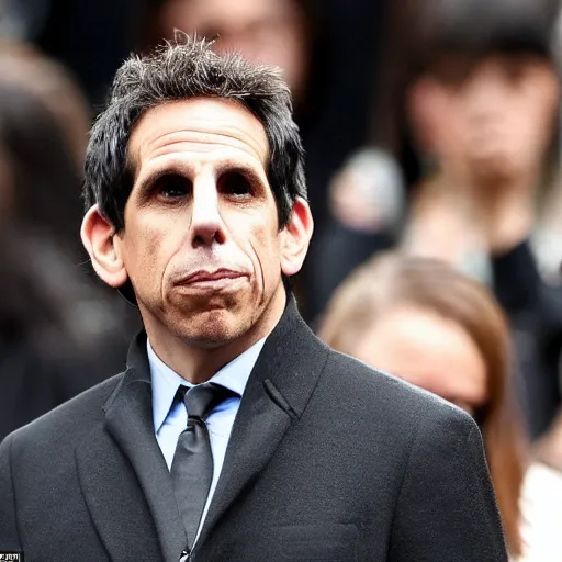 Image similar to ben stiller dressed in black, heartbroken at his father's burial, casket being lowered into the ground, a wailing woman in the background