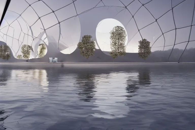 Image similar to a biological cell building composed of many white spherical egg shaped spaces arranged up and down. on the calm lake, people's perspective, future, interior wood, marble, award winning, highly detailed 4 k art, dusk, unreal engine highly rendered, global illumination, radial light, internal environment by kazuyo sejima