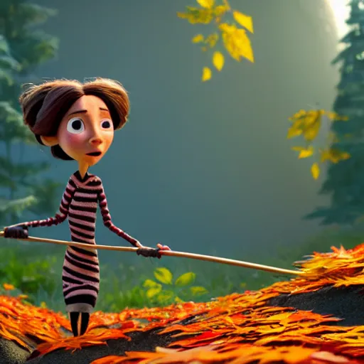 Image similar to a stopmotion animation character, a beautiful canadian woman, gardening, very attractive, some dark grey hair, stripey pants, canadian maple leaves, mountains, autumn, unreal engine 5, 8 k, kubo and the two strings, jan svankmayer, disney, pixar,