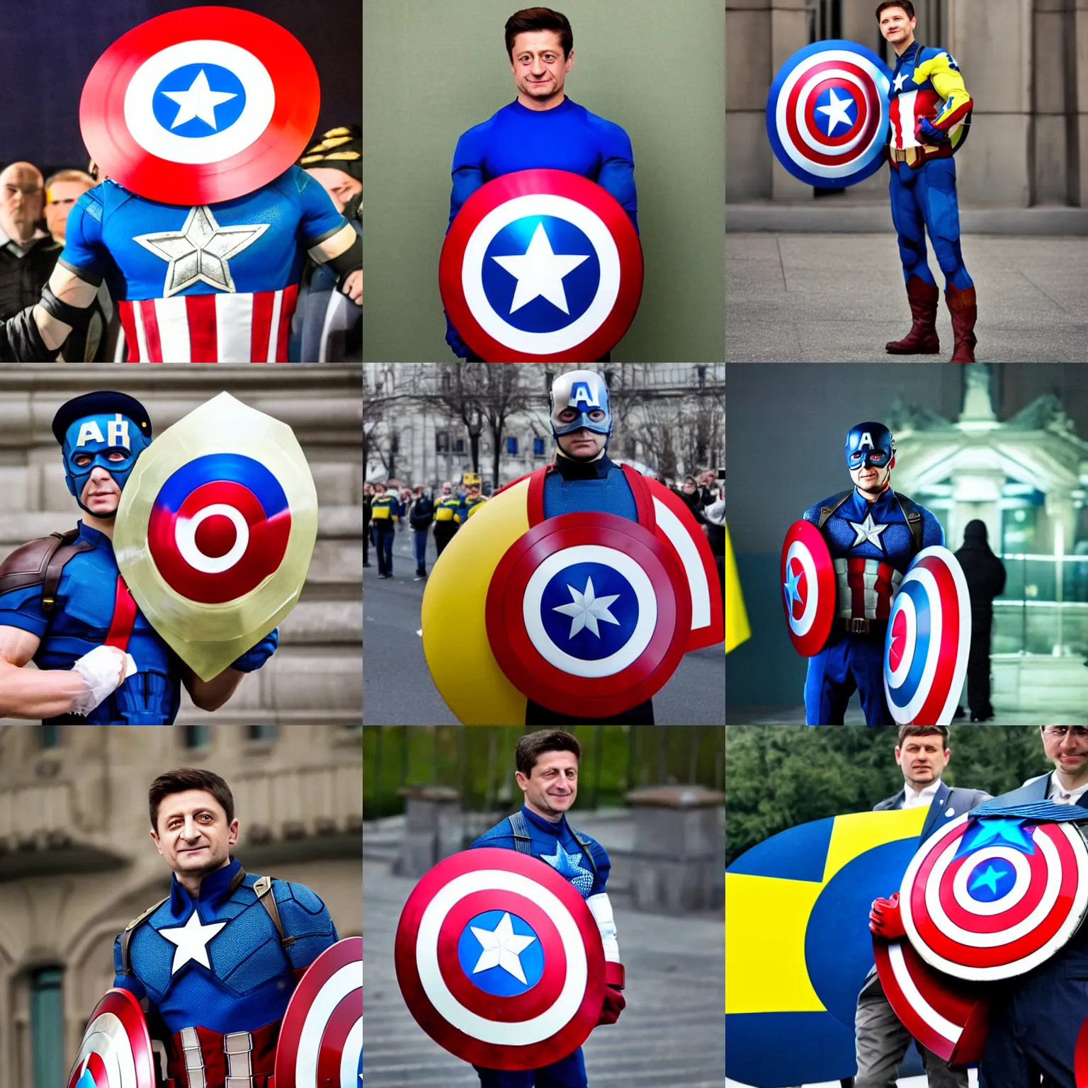 Prompt: Zelensky as Captain America, holding a shield decorated like the Ukranian flag