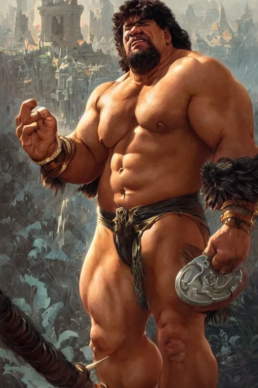 Prompt: hulking herculean barbarian danny devito, masterpiece, intricate, elegant, highly detailed, digital painting, artstation, concept art, smooth, sharp focus, illustration, art by artgerm and greg rutkowski and alphonse mucha and uang guangjian and gil elvgren and sachin teng, symmetry!!