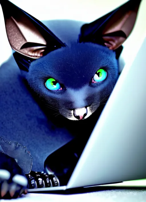 Image similar to a blue - and - black male catbat fursona with blue / green heterochromatic eyes ( differently - colored eyes, one eye green, one eye blue ) and huge bat ears, photo of the catbat streaming on his computer