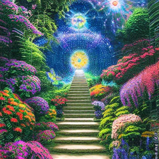 Prompt: stairway in the garden to the interconnected galaxy portal by thomas kinkade and alex grey h 6 4 0