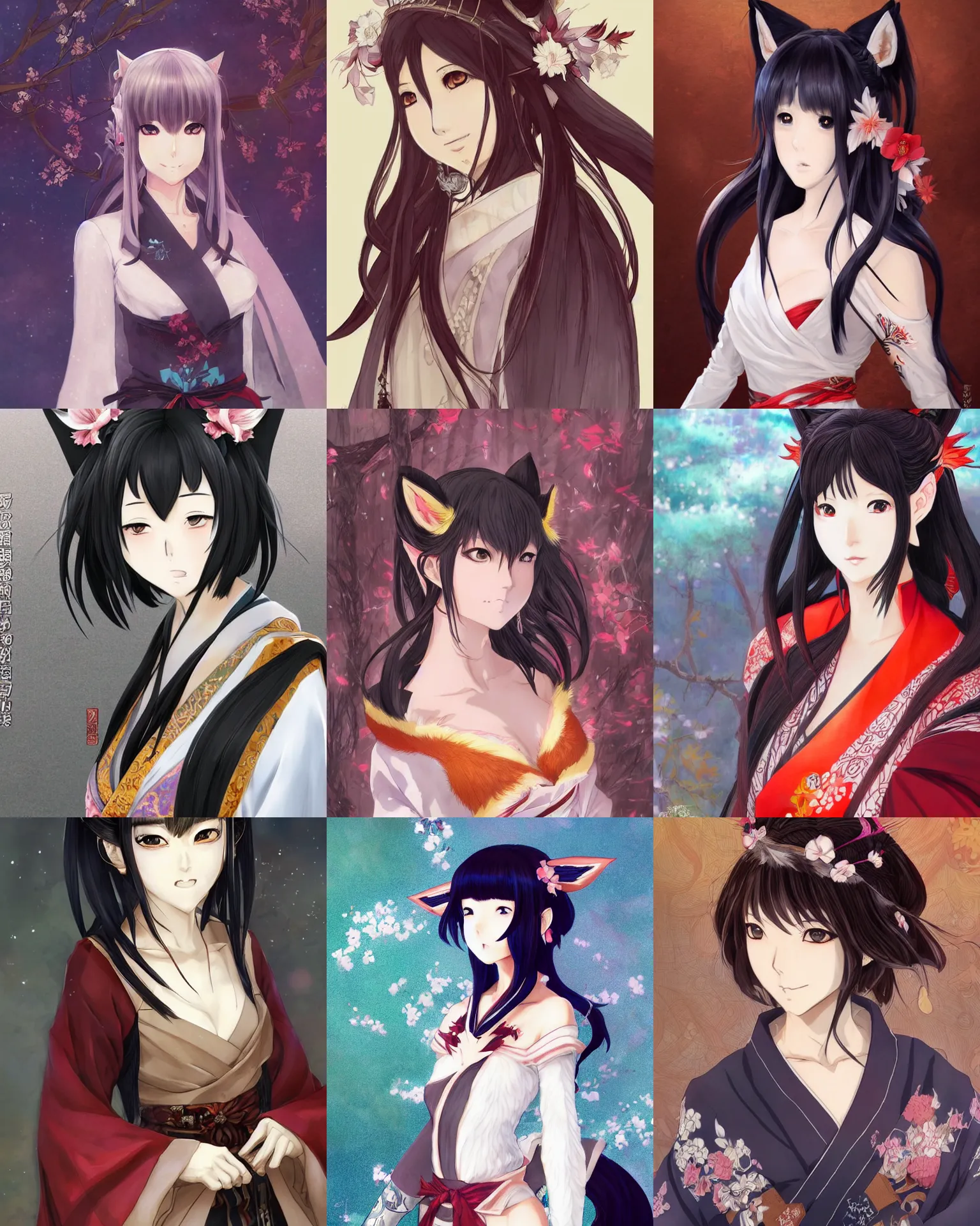 Prompt: A anime portrait of Nanao Arai as a beautiful fox lady with dark hime cut hair wearing a kimono from Skyrim, by Stanley Artgerm Lau, WLOP, Rossdraws, James Jean, Andrei Riabovitchev, Marc Simonetti, and Sakimichan, trending on artstation