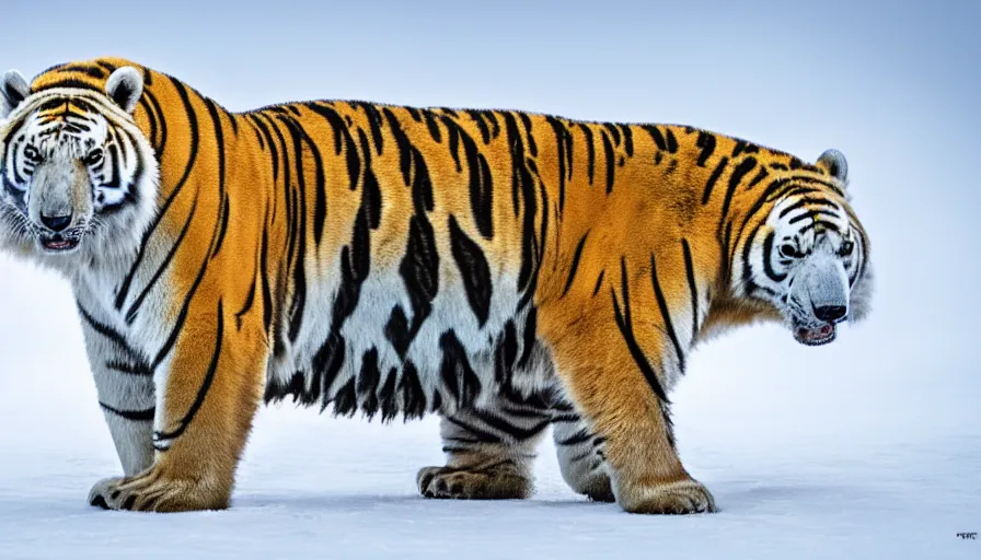 Prompt: a tiger polar bear!!! hybrid! hyper realistic!! realistic lighting!! wildlife photographer of the year!!! bold natural colors, national geographic, hd, wide angle, 8 k