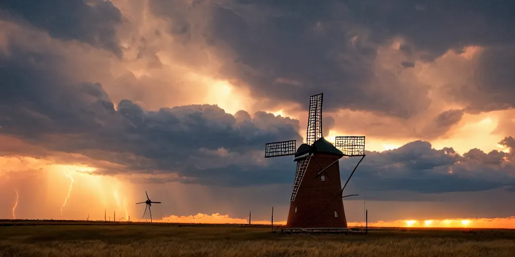 Image similar to photo of a stormy west texas sunset, perfect american windmill, film photo, lightning, golden hour, high quality, beautiful!!!