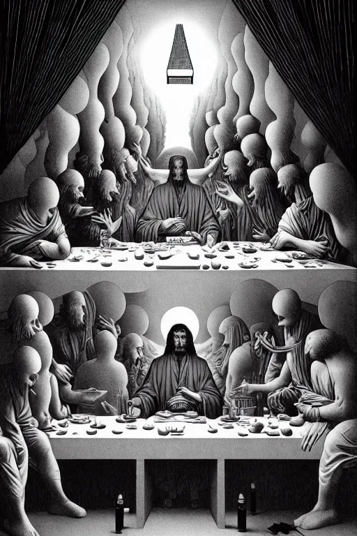 Image similar to colorful!!! the last supper by rene magritte, futuristic by laurie greasley and bouguereau, ( ( etching by gustave dore ) ), cyberpunk, ultraclear intricate, sharp focus, highly detailed digital painting illustration, concept art, masterpiece