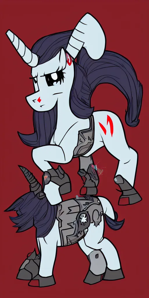 Image similar to Fallout Equestria Project Horizons | Blackjack Character Fanart | White MLP Unicorn Mare with red and black shaggy hair, and bright, robotic eyes. | Cutie Mark is: Ace and Queen of Spades | Trending on ArtStation, Digital Art, MLP Fanart, Fallout Fanart | Blackjack sitting and looking depressed at the viewer | Hyperrealistic CGI Photorealistic Cyborg Unicorn