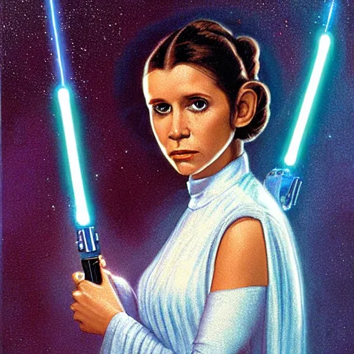 Prompt: Princess Leia holding a blue lightsaber, by the Brothers Hildebrandt