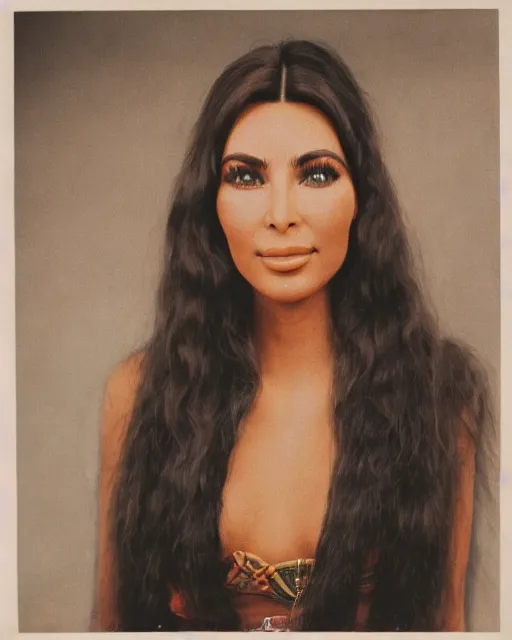 Image similar to a portrait of a 1 9 6 0 s hippie looking like kim kardashian