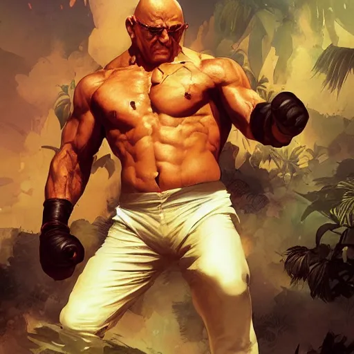 Prompt: mike ehrmantraut as sagat street fighter, 4 k, ultra realistic, detailed focused art by artgerm and greg rutkowski and alphonse mucha