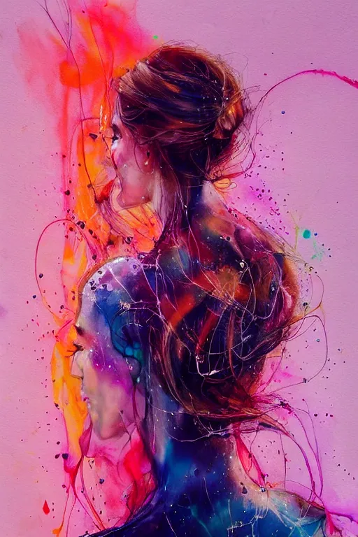 Image similar to sophia vergara by agnes cecile enki bilal moebius, intricated details, 3 / 4 back view, hair styled in a bun, bendover posture, full body portrait, extremely luminous bright design, pastel colours, drips, autumn lights