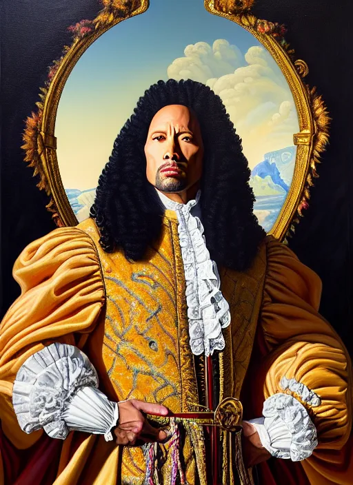 Prompt: beautiful oil painting, full length portrait of dwayne Johnson as Louis xiv in baroque coronation robes 1701, Dan Mumford , Dan Mumford, hyacinthe rigaurd , Alex grey, highly detailed , lsd visuals, dmt entity , visionary art, psychedelic art, ornate, vaporwave, baroque, Greg rutkowski