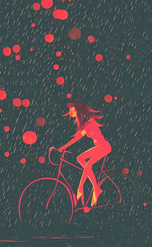 Image similar to a beautiful illustration of a woman riding a bicycle in a rainy night, fiery particles, anime aesthetic, midnight theme, depth of field, bokeh, composition study, featured on artstation, by ilya kuvshinov, vertical orientation